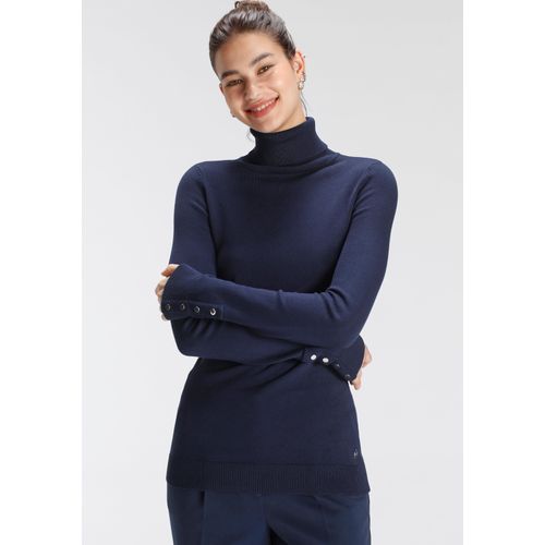 Rollkragenpullover TAMARIS, Damen, Gr. 40, blau (solid navy), Obermaterial: 70% Viskose, 30% Polyamid, unifarben, feminin, figurbetont hüftlang, Langarm Rippbündchen mit Druckknöpfen, Pullover, mit Knöpfen