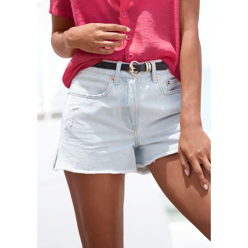 Jeansshorts BUFFALO, Damen, Gr. 38, N-Gr, blau (blau washed), Denim/Jeans, Obermaterial: 100% Baumwolle, unifarben, modisch, figurumspielend kurz, Jeans, mit Used-Effekten, Seitenschlitze, kurze Hose aus Baumwolle