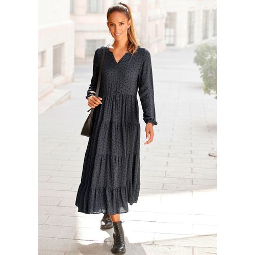 Maxikleid LASCANA, Damen, Gr. 38, N-Gr, schwarz (grau, schwarz, bedruckt), Web, Obermaterial: 100% Viskose, bedruckt, modisch, figurumspielend lang, V-Ausschnitt, Langarm mit Gummizug, Kleider, mit Alloverprint und Volants, langärmlig, Druckkleid, casual-chic