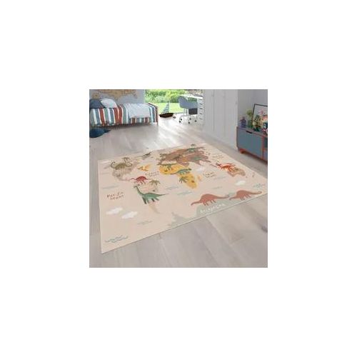 Kinderteppich PACO HOME "Bino 583" Teppiche Gr. B: 200cm, 4mm, L: 200cm, beige Kinder Spielteppich, Motiv Weltkarte & Dinosaurier, Kinderzimmer