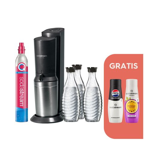 CRYSTAL 3.0 Wassersprudler titan, Bundle inkl. 3x Glasflasche, 1x Sodastream Maracuja ohne Zucker Sirup, 1x Pepsi Zero Zucker Sirup, 1x Quick-Connect Zylinder