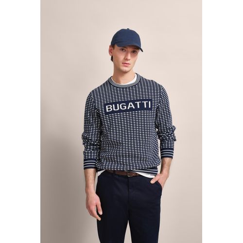 Strickpullover BUGATTI, Herren, Gr. XL, blau (marine), Sweatware, 100% Baumwolle, gepunktet, casual, regular fit, Rundhals, Langarm Rippbündchen, Pullover, mit präsentem Logo-Print
