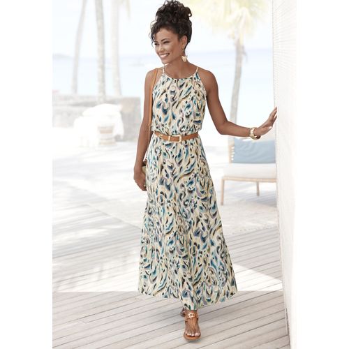 Maxikleid LASCANA, Damen, Gr. 34, N-Gr, beige (sand bedruckt), Web, Obermaterial: 100% Viskose, bedruckt, modisch, figurumspielend lang, amerikanischer Ausschnitt, ohne Ärmel, Kleider, aus gewebter Viskose, leichtes Sommerkleid mit Alloverdruck, Topseller