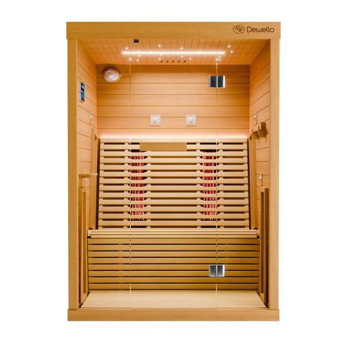 Dewello® Infrarotkabine Infrarotsauna PALERMO 135x120 für 1-2 Personen aus Hemlockholz, Vollspektrumstrahler, Bodenstrahler, LED-Farblicht und Beleuchtung, Bluetooth