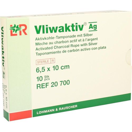 Vliwaktiv Ag 6.5x10cm Aktivkohle Tamponade.m.silb 10 ST