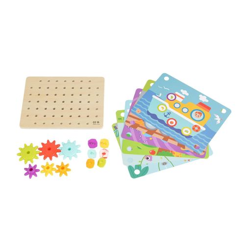 Tooky Toy Holzspielzeug TK352 Zahnräderspiel 19 teilig, Steckspiel, Motorikspiel bunt