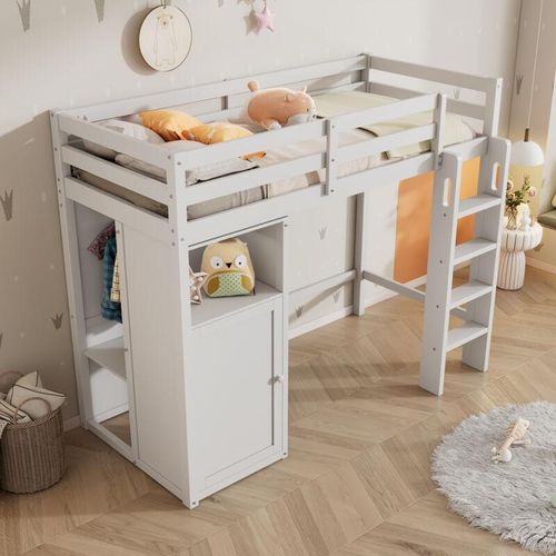 Kinderbett Hochbett mit Kleiderschrank und Regalen Kinderbett mit Lattenrost und Rausfallschutz Einzelbett Liegefläche 90x200 cm