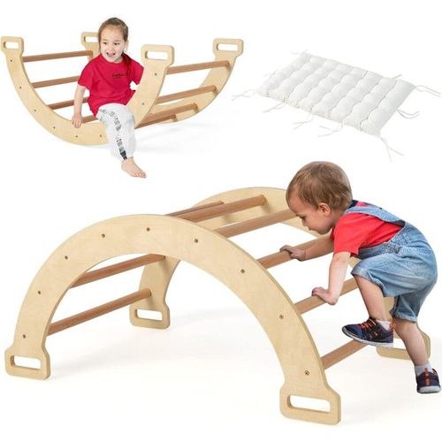 Kinder Kletterbogen mit Kissen, Kletterdreieck Indoor aus Holz, Klettergerüst zum Wippen und Klettern, Holzkletterbogen und Wippe für Kinder ab 3