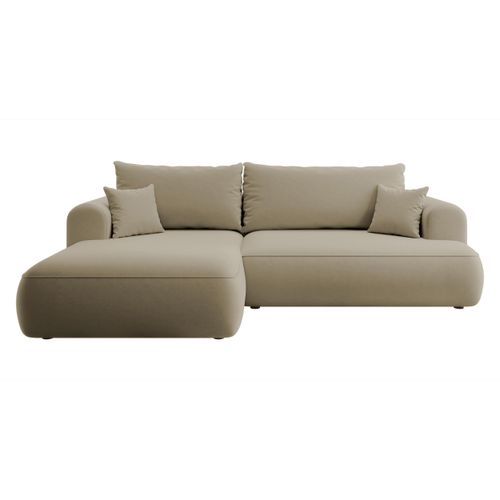Selsey Ovo - Ecksofa mit Schlaffunktion, Bettkasten, Ottomane links, Easy-Clean-Veloursbezug in Beige