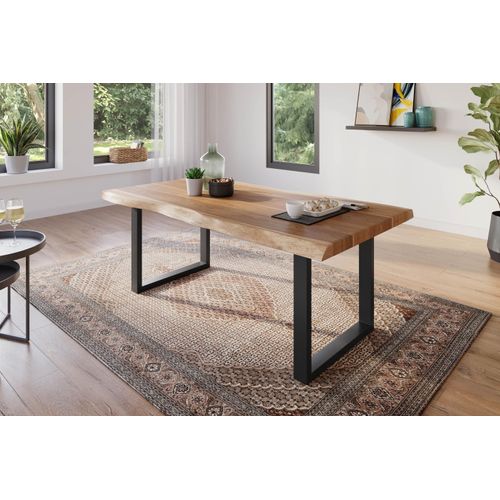 Esstisch 180 x 90 cm Akazie massiv natur Baumkantentisch U-Gestell schwarz ATLAS
