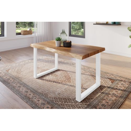 Esstisch 120 x 80 cm Akazie massiv natur Baumkantentisch U-Gestell weiß ATLAS