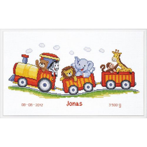 Kreuzstichbild "Bahn mit Zootieren", 38 x 18 cm