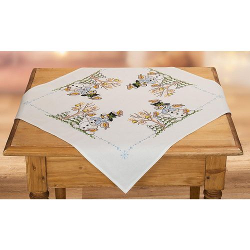 Stickmitteldecke "Schneemann mit Vögeln" Image