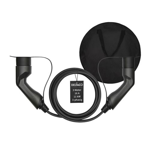 Deltaco EV-Ladekabel + Tasche, Typ2 auf Typ2, 16 A, 11 kW, 3-phasig 3m