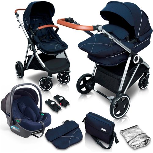 Kombi-Kinderwagen BABYGO "Halime 3in1" blau (blau silber) Baby Kinderwagen inklusive Babywanne, Babyschale, Regenhaube & Wickeltasche