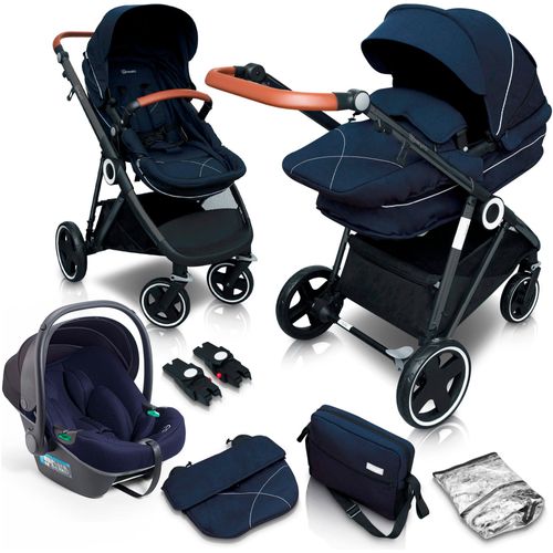 Kombi-Kinderwagen BABYGO "Halime 3in1" blau (blau schwarz) Baby Kinderwagen inklusive Babywanne, Babyschale, Regenhaube & Wickeltasche