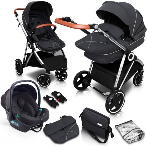 Kombi-Kinderwagen BABYGO "Halime 3in1" schwarz (anthrazit silber) Baby Kinderwagen inklusive Babywanne, Babyschale, Regenhaube & Wickeltasche