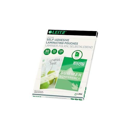 Laminierfolien Leitz iLAM, A4 Hoch-& Querformat, Stärke 80 µm, selbstklebende Rückseite, wiederablösbar, L 216 x B 303 mm, PET, farblos, 100 Stück