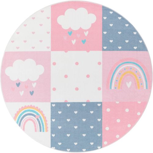 Kinderteppich PACO HOME "Eliz 396" Teppiche Gr. Ø 120cm, 12mm, pink Kinder Spielteppich, Patchwork-Muster, Motiv Regenbogen, Wolke & Herz