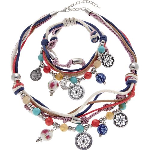 Schmuckset LASCANA Schmuck-Sets bunt (blau-rot-weiß/rot/weiß) Armband Halskette Schmuckset Schmuck-Sets Kette und mit vielen kleinen Anhängern