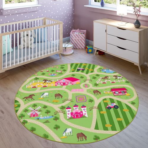 Kinderteppich PACO HOME "Bino 560" Teppiche Gr. Ø 160cm, 4mm, grün Kinder Kurzflor, Straßen-Spiel-Teppich, Motiv Bauernhof, Kinderzimmer