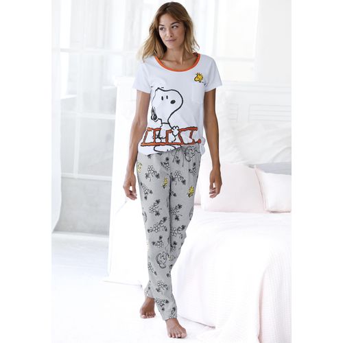 Pyjama PEANUTS, Damen, Gr. 44/46, grau (weiß, grau), Single Jersey, Obermaterial: 100% Baumwolle, bedruckt, animal-print, Basic, bequem lang, Rundhals, Kurzarm eingesetzt, Homewear-Sets, mit Snoopy und Woodstock Druck