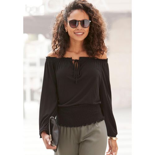 Carmenshirt LASCANA, Damen, Gr. 44/46, schwarz, Jersey, Obermaterial: 100% Viskose, unifarben, modisch, figurumspielend hüftlang, Carmenausschnitt, 3/4-Ärmel Volant mit innenliegendem Gummizug, Shirts, mit 3/4-Ärmeln, Blusenshirt mit Bindeband und Gummizug