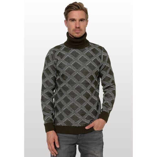 Rollkragenpullover RUSTY NEAL, Herren, Gr. L, grün (khaki), 70% Polyacryl, 30% Baumwolle, unifarben, casual, normal, hoch geschlossener Ausschnitt, Langarm, Pullover, mit stylischem Karo-Muster