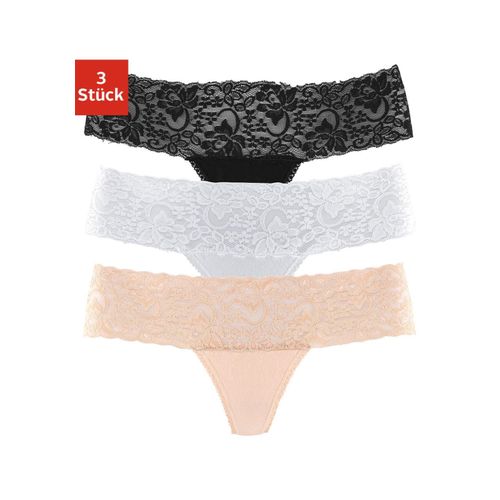 String VIVANCE, Damen, Gr. 32/34, beige (beige, schwarz, weiß), Single Jersey, Obermaterial: 95% Baumwolle, 5% Elasthan. Spitze: 93% Polyamid, 7% Elasthan (LYCRA), unifarben, bequem, Unterhosen, aus elastischer Baumwolle mit floraler Spitze