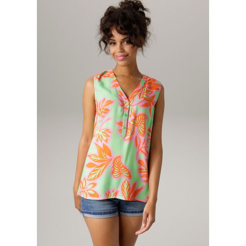 Blusentop ANISTON CASUAL, Damen, Gr. 48, grün (apfelgrün, rosa, orange), Web, Obermaterial: 100% Viskose, bedruckt, modisch, figurumspielend Po-bedeckend, V-Ausschnitt, ohne Ärmel, Blusen, mit farbintensivem, großflächigem Blätter-Druck, Topseller