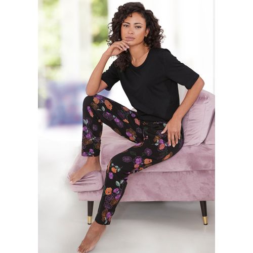 Pyjama VIVANCE DREAMS, Damen, Gr. 32/34, schwarz (schwarz geblümt), Single Jersey, Obermaterial: 50% Baumwolle, 50% Viskose, geblümt, Basic, bequem lang, Rundhals, Kurzarm abgesteppt, Homewear-Sets, mit Blumen-Druck