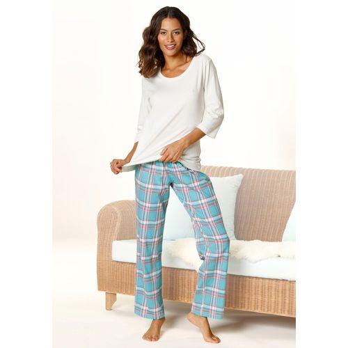 Pyjama ARIZONA, Damen, Gr. 48/50, blau (ecru, türkis), Single Jersey, Obermaterial: 100% Baumwolle, kariert, bequem lang, Rundhals, 3/4-Ärmel eingesetzt, Homewear-Sets, mit karierter Hose