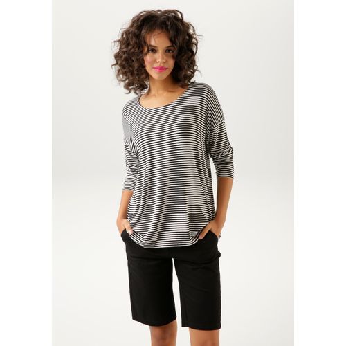 Langarmshirt ANISTON CASUAL, Damen, Gr. 44, schwarz-weiß (schwarz, weiß), Single Jersey, Obermaterial: 95% Viskose, 5% Elasthan, geringelt, gestreift, casual, sehr weit hüftbedeckend, Rundhals, Langarm, Shirts, der Clou: die Fake-Knopfleiste im Rücken