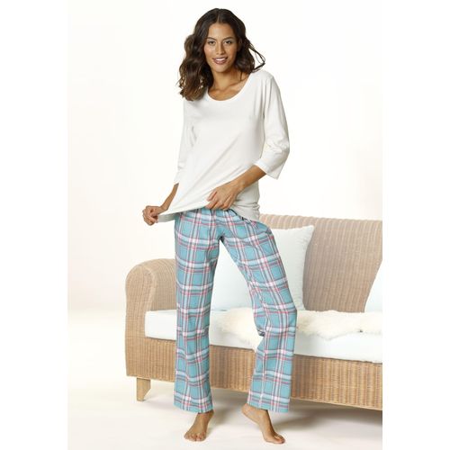 Pyjama ARIZONA, Damen, Gr. 56/58, blau (ecru, türkis), Single Jersey, Obermaterial: 100% Baumwolle, kariert, bequem lang, Rundhals, 3/4-Ärmel eingesetzt, Homewear-Sets, mit karierter Hose