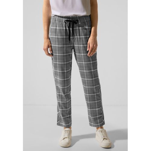 Stoffhose STREET ONE, Damen, Gr. 38, Länge 28, grau (pure grau), Stoff, 64% Polyester, 33% Viskose, 3% Elasthan, kariert, casual, gerade lang, Hosen, Elastikbund mit Tunnelzug