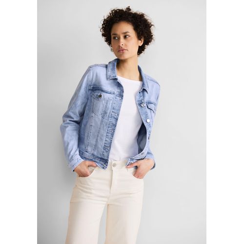 Jeansjacke STREET ONE, Damen, Gr. 34, blau (heavy bright bleach), Jeans, 63% Baumwolle, 25% Polyester, 10% Viskose, 2% Elasthan, unifarben, casual, gerade hüftlang, V-Ausschnitt, Langarm Bündchen, Jacken, mit Knopfleiste