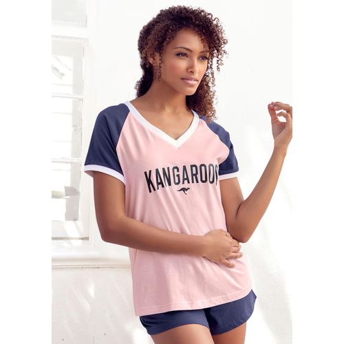 Shorty KANGAROOS, Damen, Gr. 32/34, bunt (rosa, dunkelblau), Single Jersey, Obermaterial: 100% Baumwolle, bedruckt, casual, bequem kurz, V-Ausschnitt, Kurzarm Raglanärmel kontrastfarben, Homewear-Sets, mit kontrastfarbenen Raglanärmeln