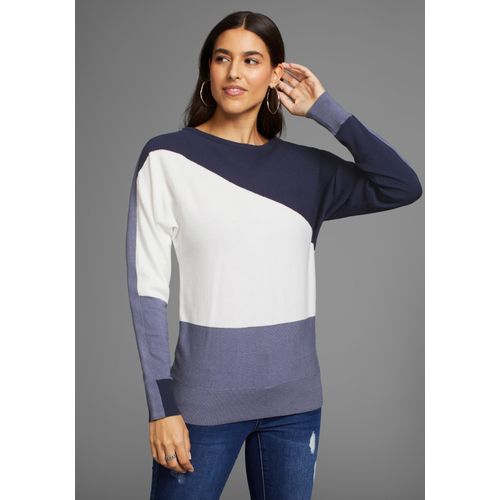 Rundhalspullover LAURA SCOTT Gr. 32/34 (XS), blau (blau, gestreift) Damen Pullover mit diagonalen Streifen - NEUE KOLLEKTION