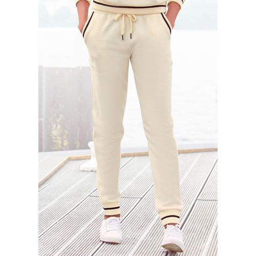 Sweathose LASCANA, Damen, Gr. 40/42, N-Gr, beige (hellbeige), angeraute Sweatware, Obermaterial: 70% Baumwolle, 19% Modal, 11% Polyester, unifarben, casual, bequem lang, Hosen, mit gestreifem Rippbündchen, Loungeanzug