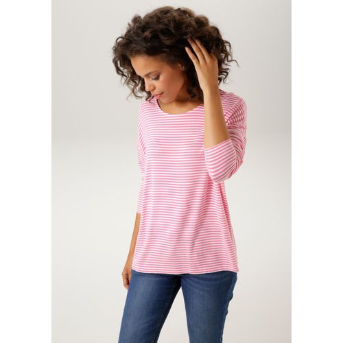 Langarmshirt ANISTON CASUAL, Damen, Gr. 38, pink (pink, weiß), Single Jersey, Obermaterial: 95% Viskose, 5% Elasthan, geringelt, gestreift, casual, sehr weit hüftbedeckend, Rundhals, Langarm, Shirts, der Clou: die Fake-Knopfleiste im Rücken, Topseller