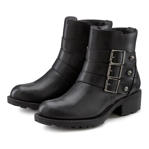 Bikerboots LASCANA, Damen, Gr. 38, schwarz, Obermaterial: 100% Lederimitat. Futter: 100% Textilmaterial. Decksohle: 100% Lederimitat. Laufsohle: 100% Synthetik, unifarben, vintage, modisch, Schuhe, mit robuster Sohle,Zierschnallen,Winterstiefelette, Ankle Boots, VEGAN