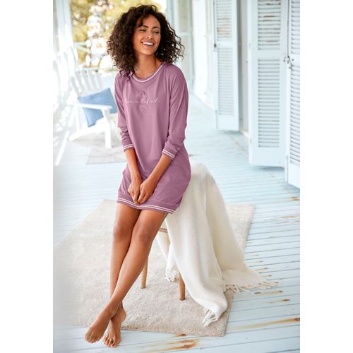 Nachthemd VIVANCE DREAMS, Damen, Gr. 44/46, N-Gr, lila (mauve), Single Jersey, Obermaterial: 100% Baumwolle, Basic, bequem kurz, Rundhals, Langarm Rippbündchen, Kleider, mit Ripp-Abschlüssen