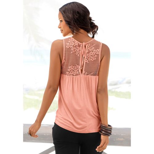 Strandtop LASCANA, Damen, Gr. 36/38, orange (peach), Jersey, Obermaterial: 95% Viskose, 5% Elasthan. Spitze: 100% Polyamid, unifarben, modisch, figurumspielend hüftlang, hoch geschlossener Ausschnitt, ohne Ärmel, Tops, mit Spitzeneinsätzen, Damentop mit Bindeband, Spitzentop