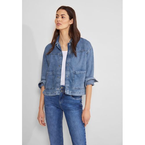 Jeansjacke STREET ONE, Damen, Gr. 44, blau (light blau authentic wash), Web, 64% Baumwolle, 36% Lyocell, unifarben, casual, gerade hüftlang, V-Ausschnitt, Langarm Bündchen, Jacken, aus softem Materialmix