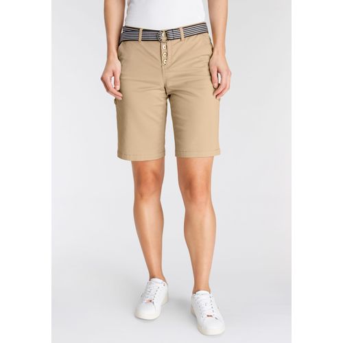 Chinoshorts DELMAO, Damen, Gr. 36, N-Gr, beige, Web, Obermaterial: 98% Baumwolle, 2% Elasthan, unifarben, gestreift, casual, A-Linie kniefrei, Hosen Shorts Strandshorts, zum Krempeln, mit passendem Gürtel