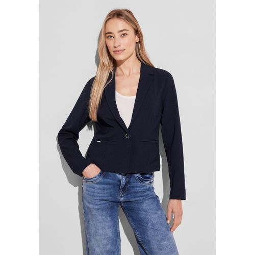 Kurzblazer STREET ONE, Damen, Gr. 44, blau (tiefblau), Stoff, 78% Polyester, 16% Viskose, 6% Elasthan, unifarben, casual, gerade taillenbedeckt, V-Ausschnitt, Langarm normaler Saum, Blazer, mit Reverskragen