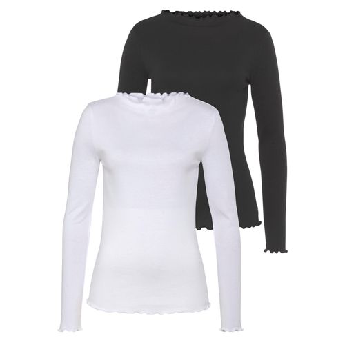 Langarmshirt FLASHLIGHTS, Damen, Gr. 34, schwarz-weiß (schwarz, weiß), Feinripp, Obermaterial: 100% Baumwolle, Basic, sehr figurbetont, gekräuselter Ausschnitt, Langarm, Shirts, sehr figurbetonte Passform, gekräuselter Ausschnitt