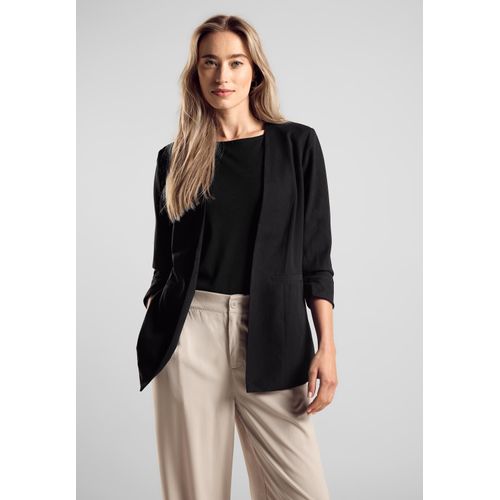 Kurzblazer STREET ONE, Damen, Gr. 34, schwarz, Stoff, 92% Viskose, 8% Polyester, unifarben, casual, gerade hüftlang, V-Ausschnitt, 3/4-Ärmel Bündchen, Blazer, mit 3/4 Ärmeln