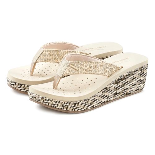 Badezehentrenner VENICE BEACH Gr. 40, beige Damen Schuhe Zehentrenner Sandale, Pantolette, Badeschuh mit geschmücktem Keilabsatz VEGAN