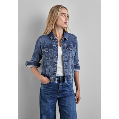 Jeansjacke STREET ONE, Damen, Gr. 42, blau (soft medium washed), Jeans, 97% Baumwolle, 3% Elasthan, unifarben, casual, normal normal, V-Ausschnitt, Langarm Bündchen, Jacken, mit Brusttaschen